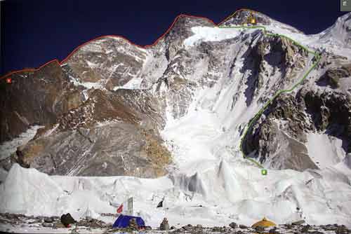 
Broad Peak South Face climbing routes: 1. Polish route 1984, 2. Austrian route of first ascent 1957, 3. Carsolio variant 1994 - 8000 Metri Di Vita, 8000 Metres To Live For book
